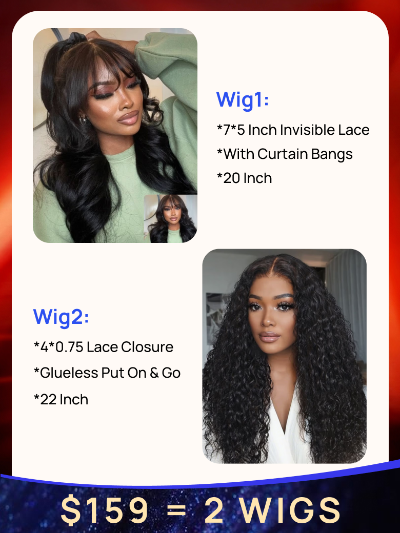 $159=2 Wigs | Nadula Black Friday 22 Inch T Part Lace Closure Curly  Wig + 20 Inch 7*5 Byebye Knots 3D Body Wave Wig