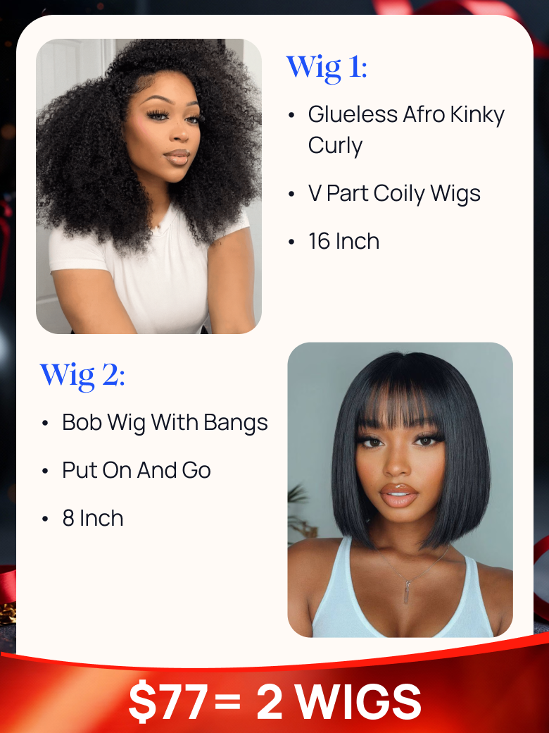 $77=2 Wigs | Nadula Black Friday Sale 16 Inch Curly V Part Wig & 8 Inch Straight Bob with Bangs Wig