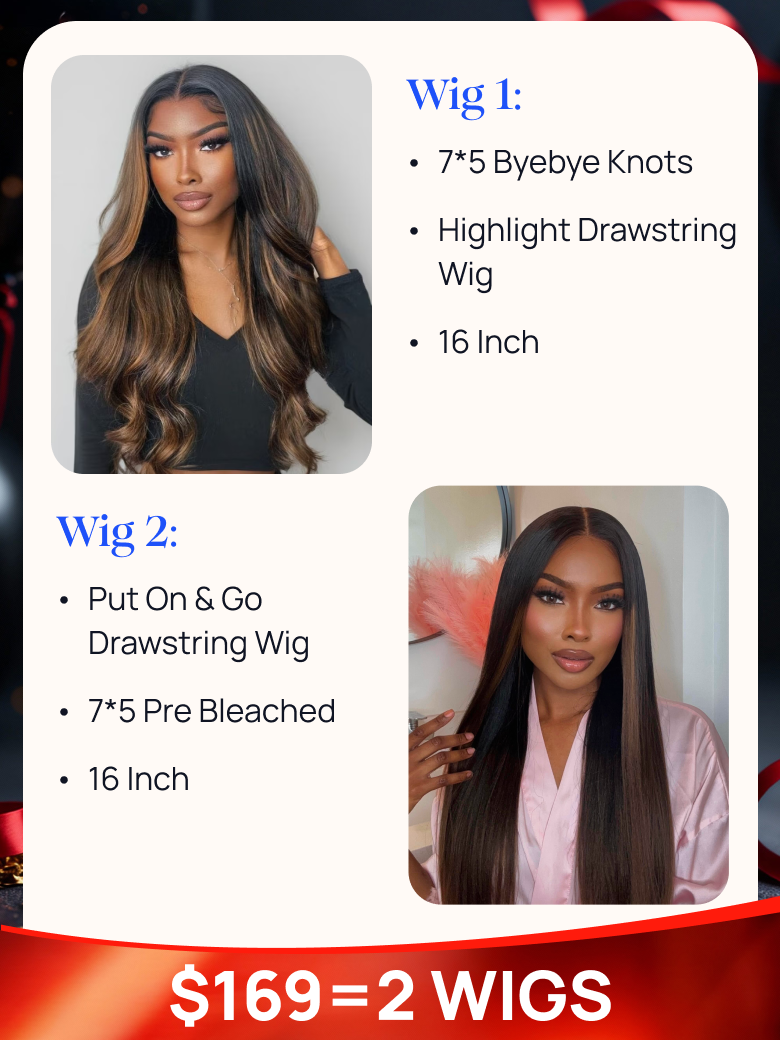 $169=2 Wigs | Nadula Black Friday 16 Inch 7x5 Balayage Brown Highlight Wig & 16 Inch Ombre Wear Go V Part Wig