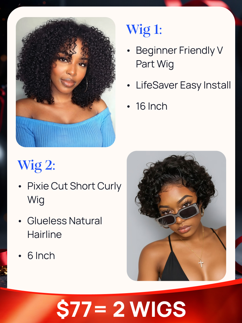 $77= 2 Wigs | Nadula Black Friday Sale 16 Inch Beginner Friendly V Part Wig and Afro Curly Guleless Wig