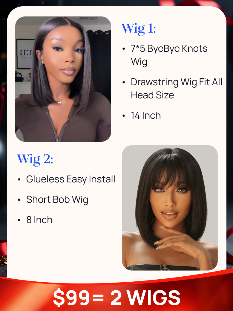 $99=2 Wigs| Nadula Black Friday 14 Inch 7*5 Byebye Knots Drawstring Wig and 8 Inch Glueless Bob Wig With Bangs