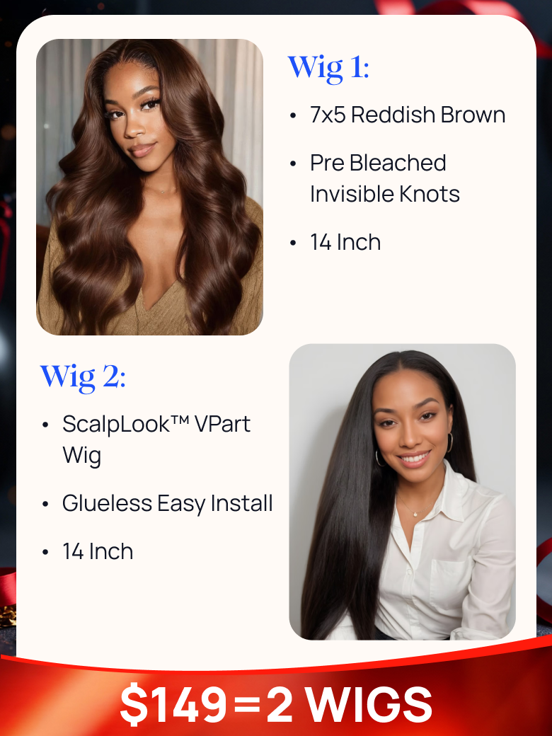 $149=2 Wigs | Nadula Black Friday 14 Inch Reddish Brown 7*5 Lace Closure Wig and 16 Inch Yaki Straight V Part Wig