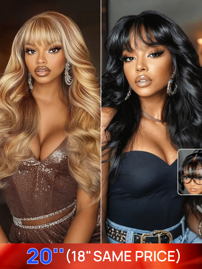 Nadula Flash Sale 13x4 Lace Frontal Honey Blonde Highlight Body Wave with Bang Human Hair Put On And Go Wig