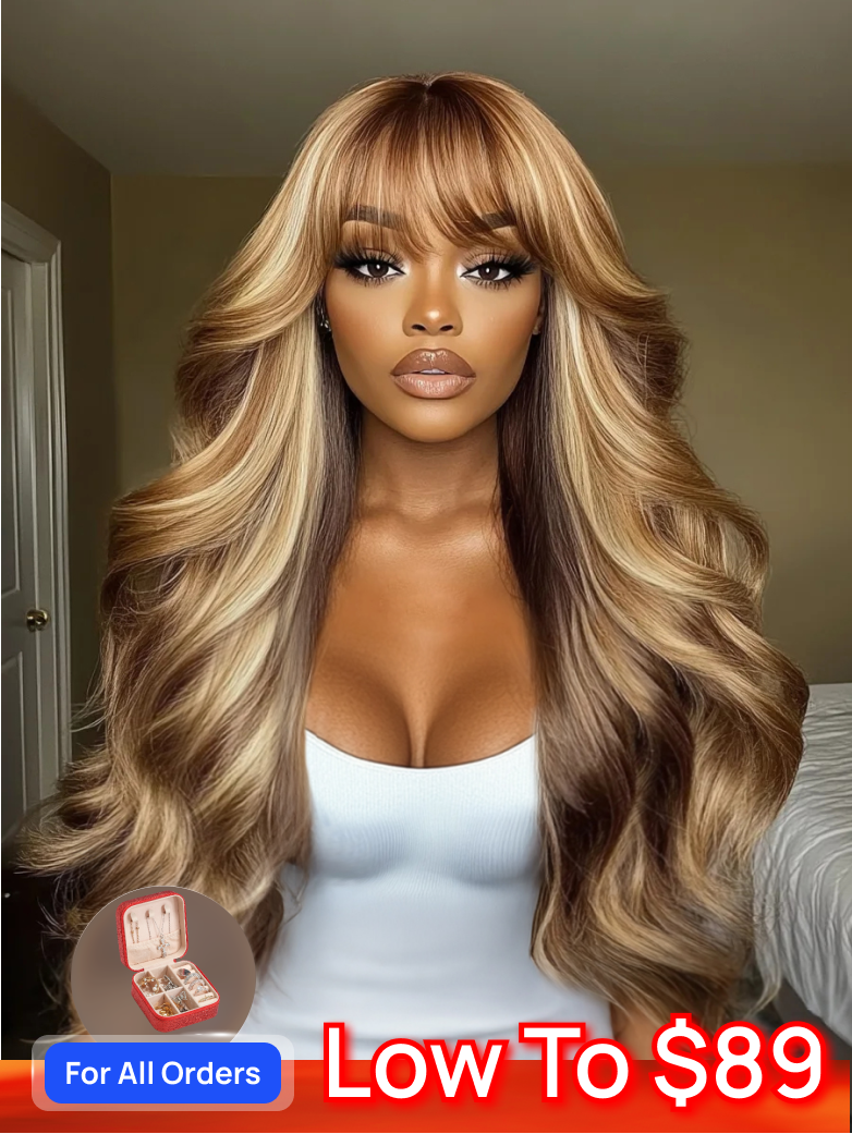 Nadula Flash Sale 13x4 Lace Frontal Honey Blonde Highlight Body Wave with Bang Human Hair Put On And Go Wig