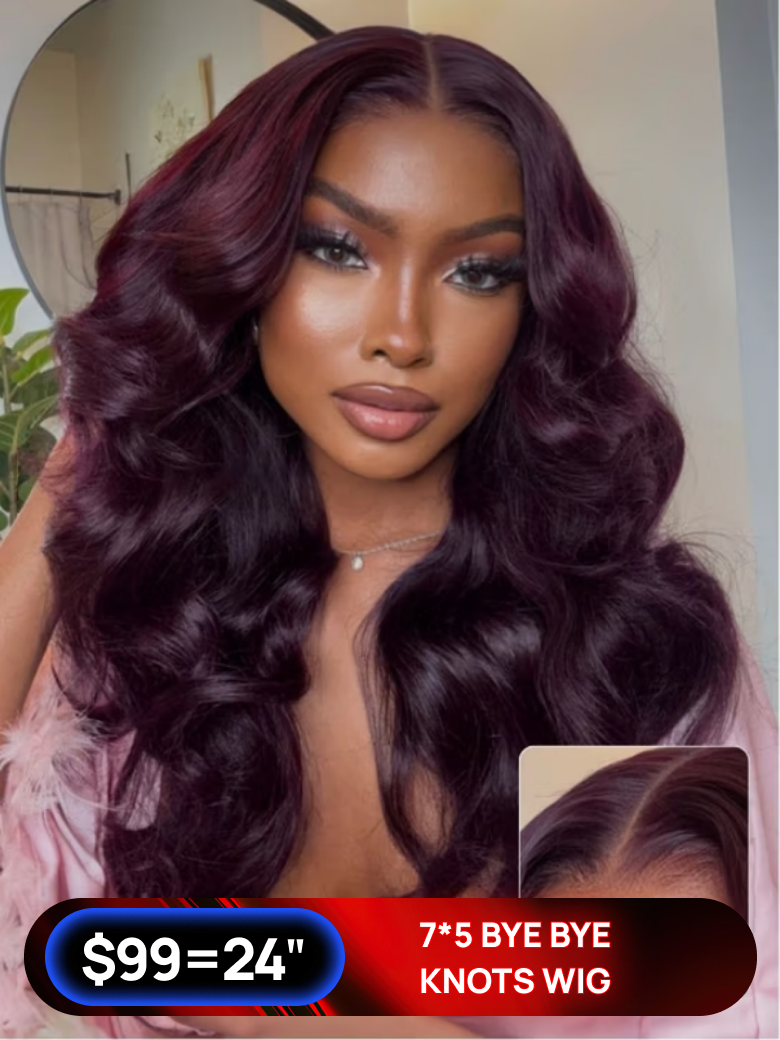 Nadula Flash Sale 7x5 Byebye Knots Burgundy Plum Layer Cut Straight Lace Closure Wig Invisible Knots Put on and Go Wig