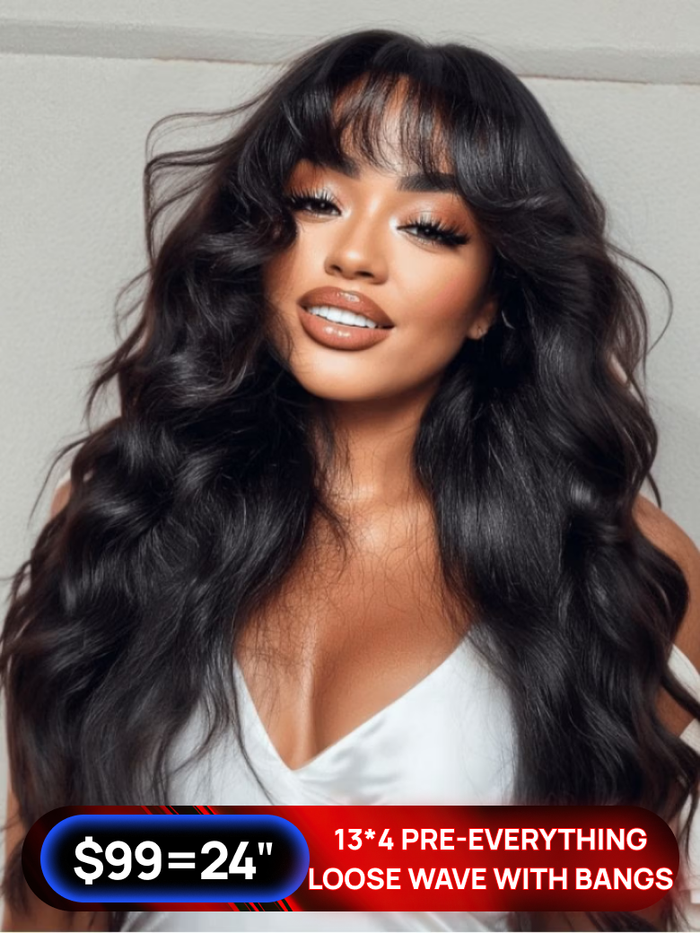 Nadula Flash Sale 13x4 3D Body Wave Lace Frontal Wig with Bangs Wigs Put on and Go Wig Black Friday