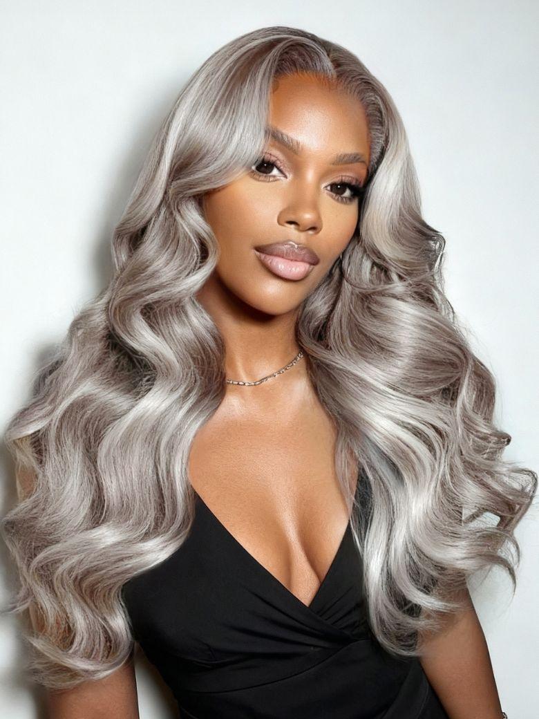 Nadula 13x4 Silver Ash Blonde with Platinum Money-Piece Highlights Loose Body Wave Face-Framing Curled Layers Lace Frontal Glueless Wig