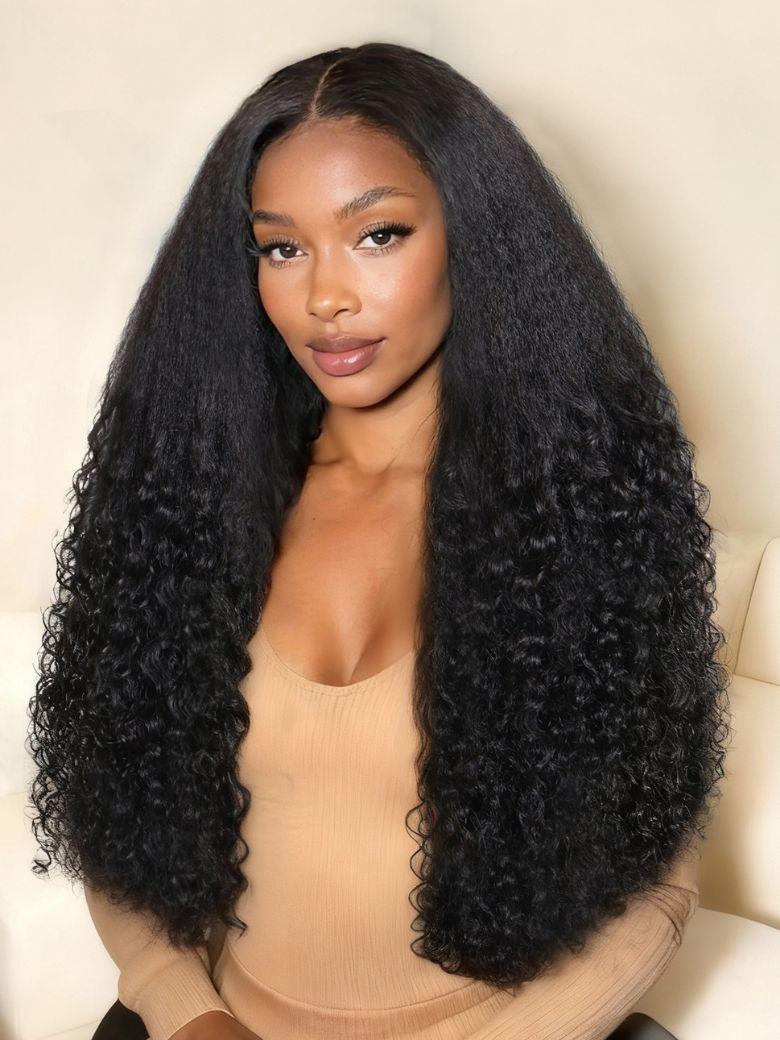 Nadula13x4 Kinky Straight to Burmese Curly Blend Wig Spiral Curls Ends Lace Frontal Put On and Go Human Hair Wigs