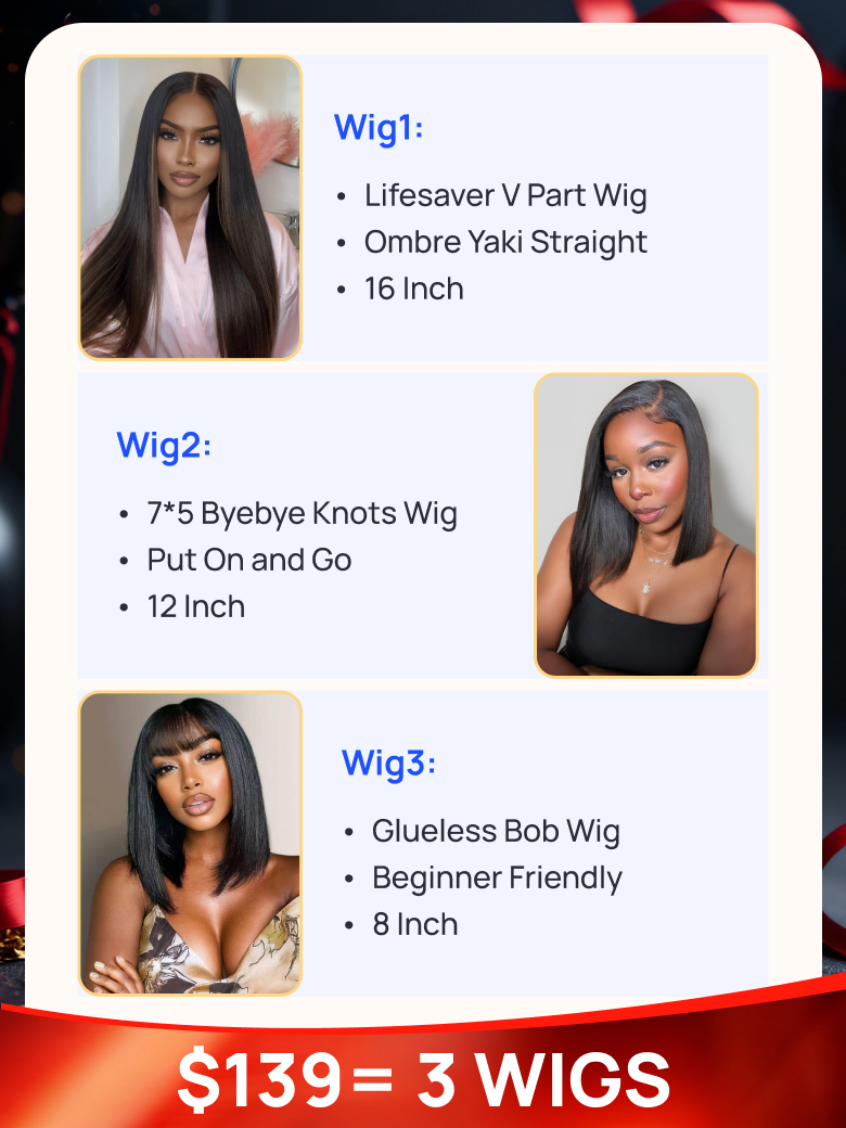 $139= 3 Wigs | Nadula Black Friday 16 Inch V Part Ombre Wig + 12 Inch 7X5 Byebye Knots Yaki Wig + 8 Inch Bob Wig With Bangs