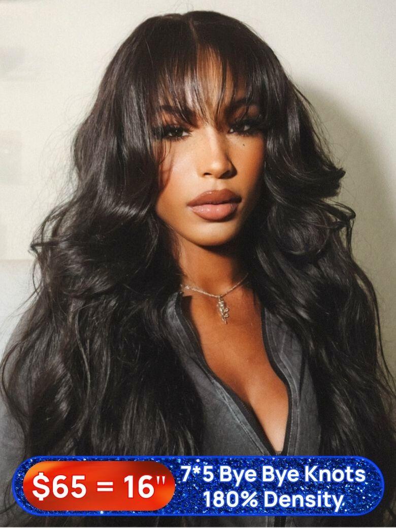 Nadula Flash Sale Body Wave 7x5 Bye Bye Knots Wig with Bang Pre-Bleached Lace Glueless Human Hair Wigs Black Friday