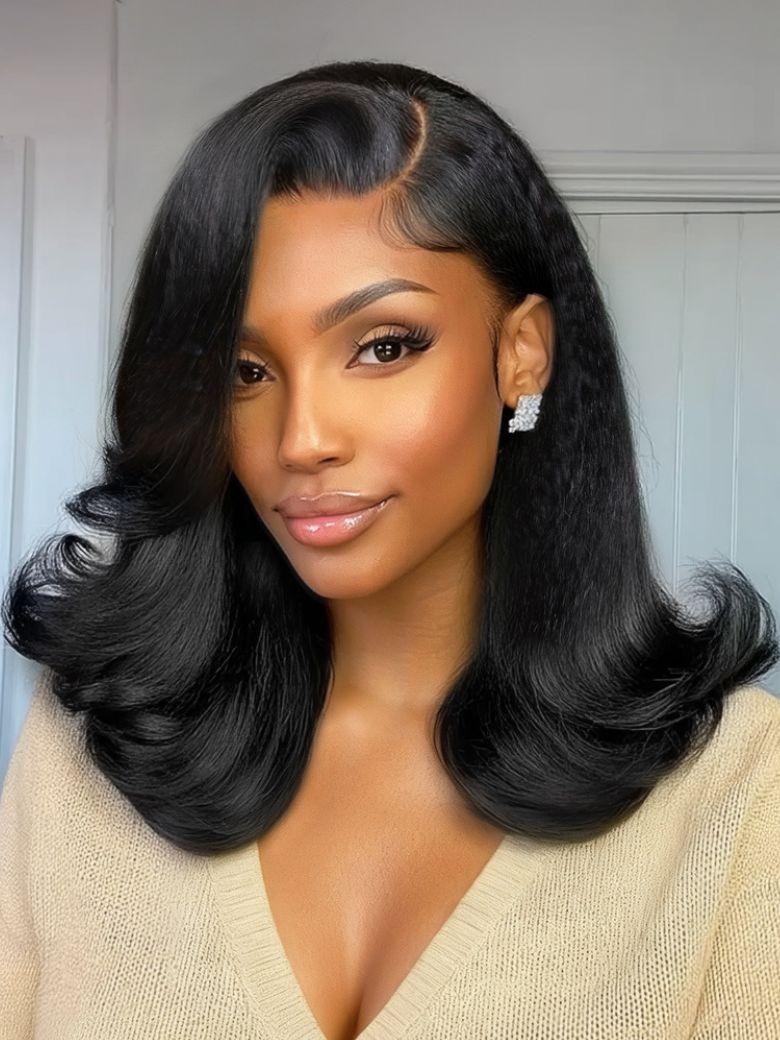 Nadula 7x5 Invisible Knots Shoulder-Length Yaki Blowout with Flipped Ends and Deep Side Swoop Bang Put On And Go Glueless Wig