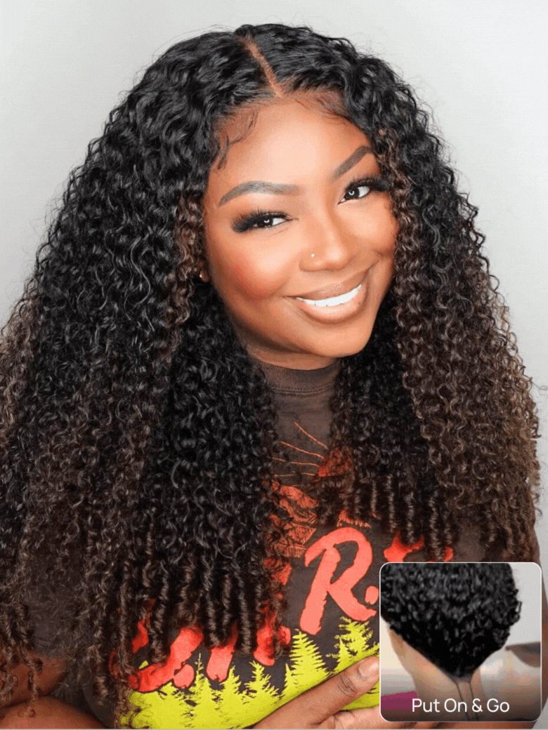 Nadula Elastic Drawstring Wig 7x5 Chestnut Brown Ombre Wig Burmese Curly With Finger Coils Ends