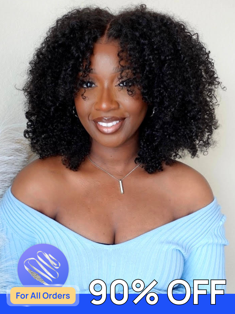 Nadula Flash Sale Kinky Curly V Part Wig And 7x5 Byebye Knots Closure Wig Put On And Go Human Hair Wigs
