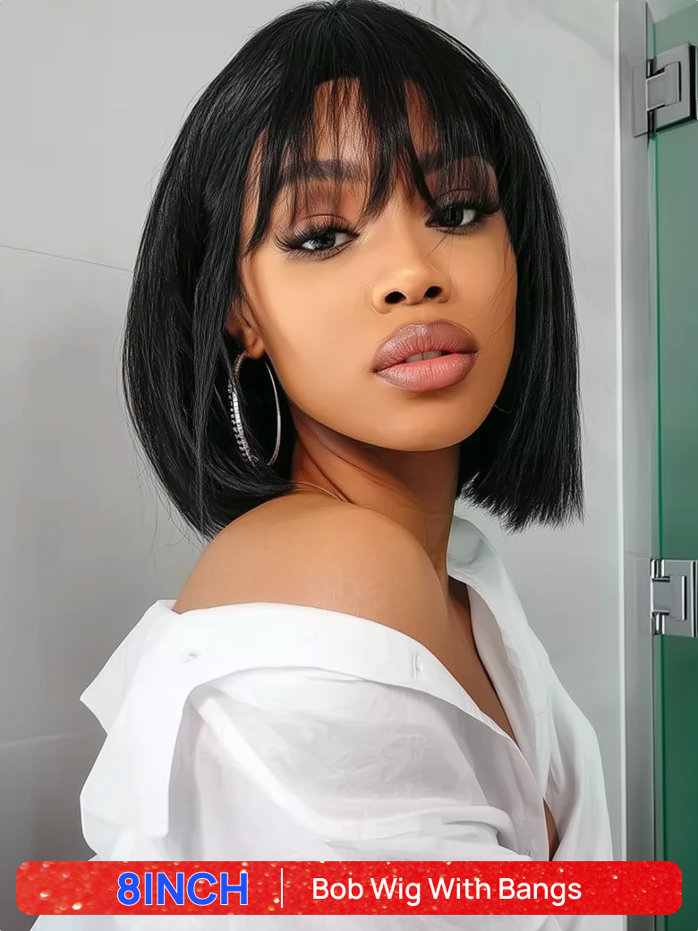 BOGO Free | Nadula 8 Inch Human Hair Bob Wig With Bangs 150% Density Glueless Wig