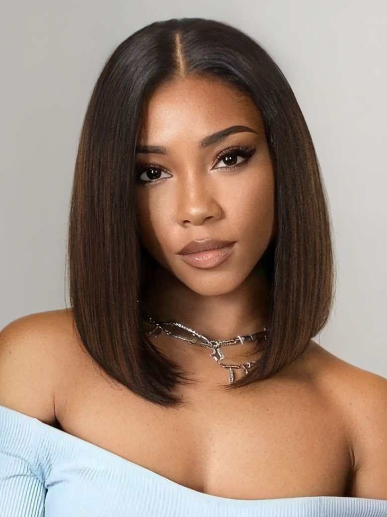 Nadula 70% Off 7x5 Lace Closure Blunt Cut Yaki Bob Natural Black and Caramel Highlights Bob Wig