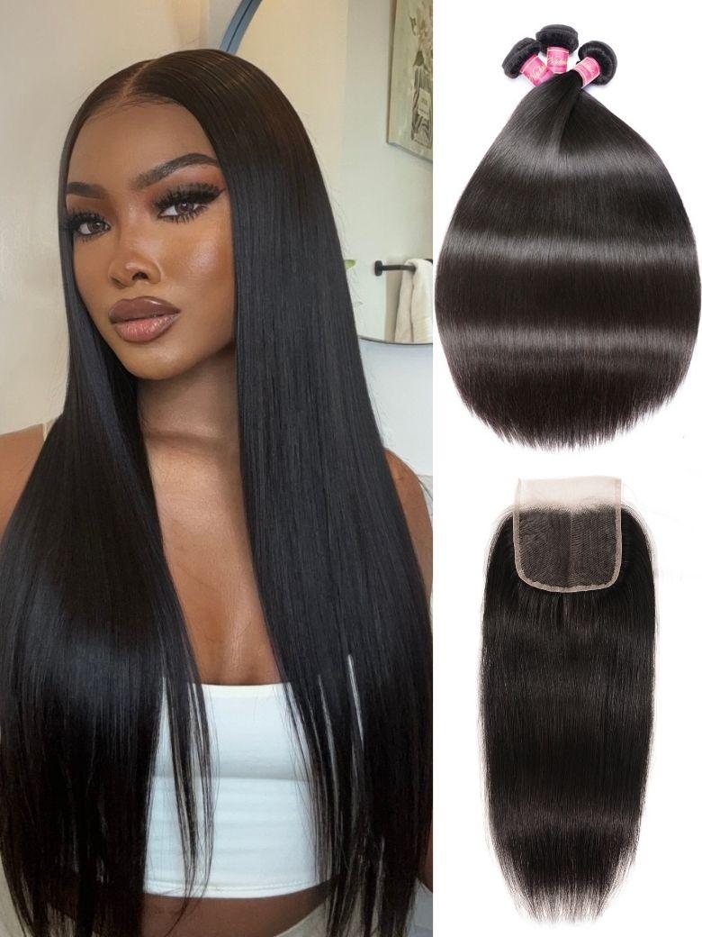 Nadula Straight 3 Bundles With 4x4 Lace Closure Soft Unprocessed Virgin Human Hair