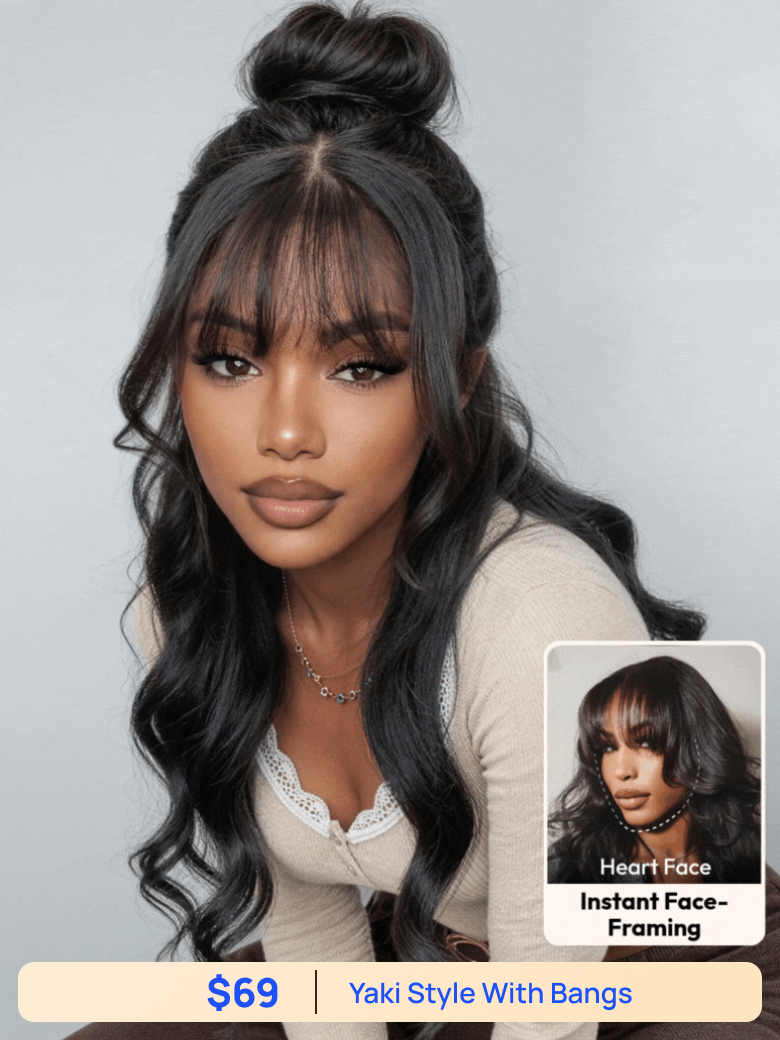 Low to $69 | Nadula Flash Sale Yaki Straight Layered Wig with Bangs And Life Saver V Part Glueless Human Hair Wigs