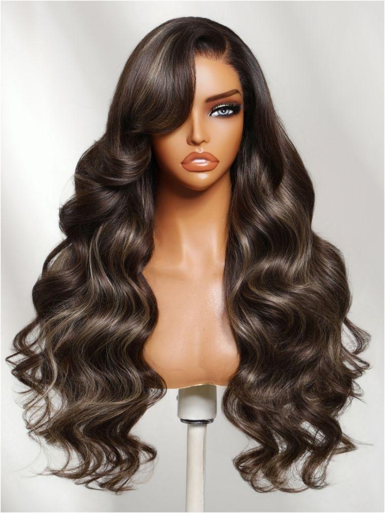 Nadula 13x4 Dark Brown with Honey Blonde Highlights Blow Out Wavy Bob Wig with Layers Put On And Go