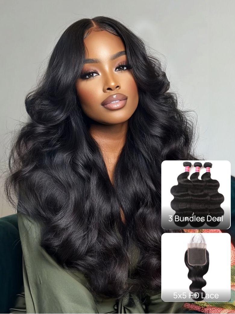 Nadula 5x5 HD Lace Closure With Body Wave And Straight Hair Virigin Human Hair 3 Bundles Natural Black