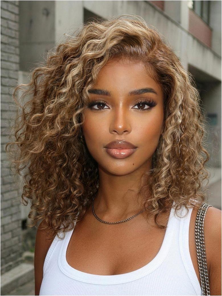 Low to $14.75|Nadula 7x5 No Slip Wig Brown With Honey Blonde Highlights Sun-kissed Curly Hair Shoulder-length Bob Wig Put on and Go
