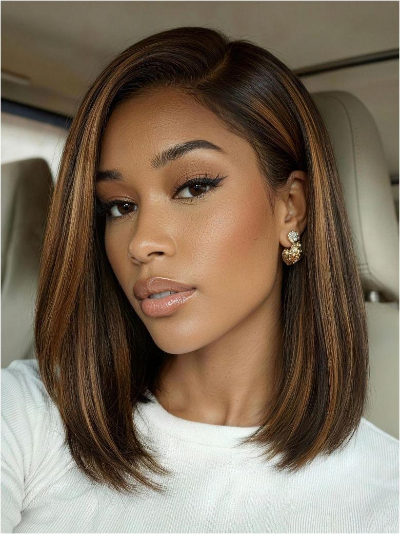 Nadula 7x5 No Slip Wig Black with Caramel Highlights Side Part Yaki Bob Wigs Glueless Human Wig with Drawstring