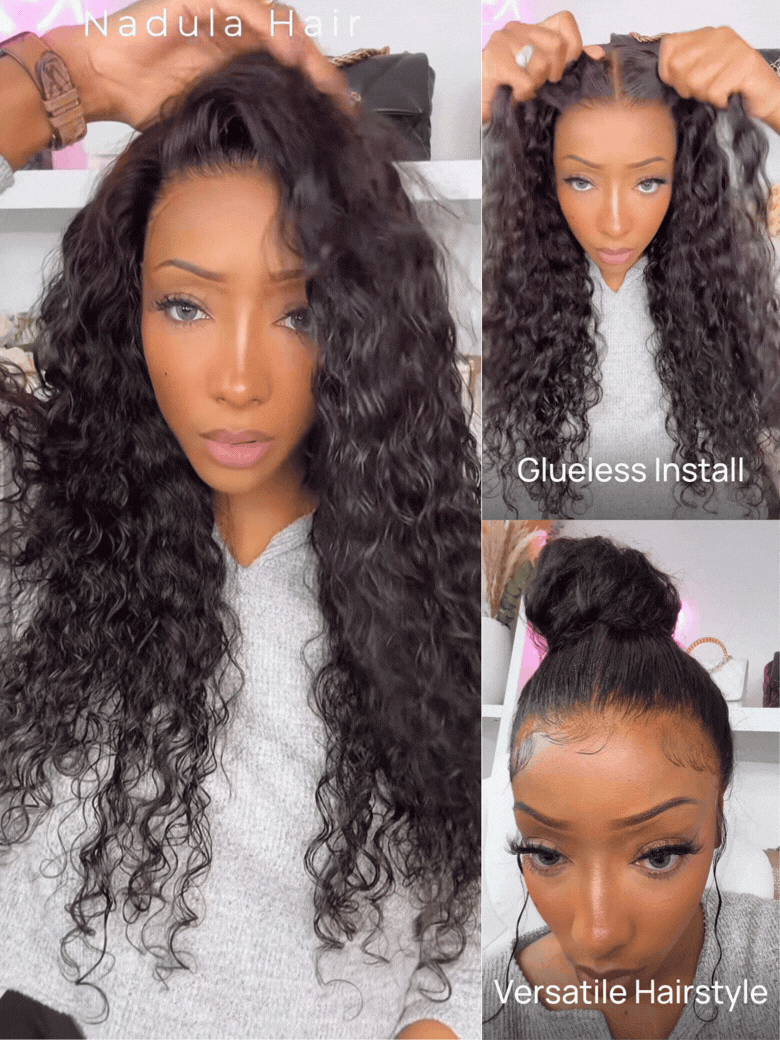 Nadula 7x5 Lace Frontal Wig Invisible Knots Water Wave Human Hair Wigs with Elastic Drawstring