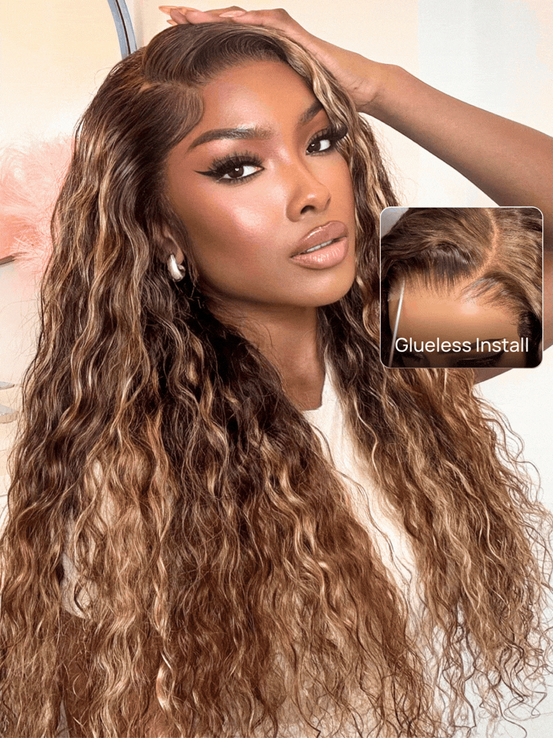 honey blonde highlights water wave wig