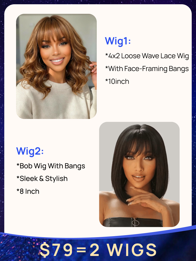 $79=2 Wigs| Nadula 4x2 Lace 10 Inch Light Brown Loose Wave Wig with Bangs and 8 Inch Bob Wig with Bangs