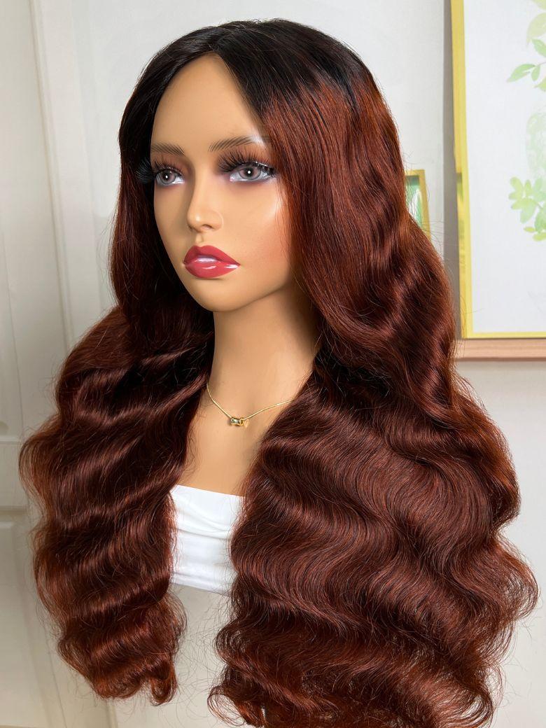 Nadula Glueless V Part Body Wave Wig Ombre Reddish Brown With Dark Roots Ombre Wigs Beginner Friendly