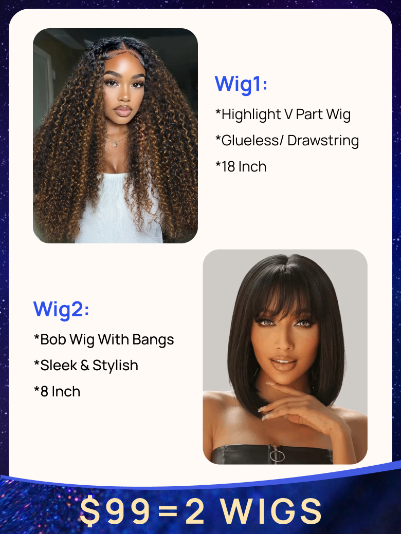 $99=2 Wigs| Nadula Flash Deal 18 Inch Highlight Curly V Part Wig with Drawstring and 8 Inch Bob Wig with Bangs