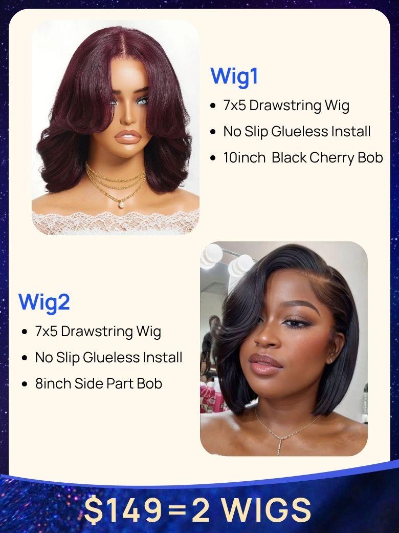 $149=2 Wigs | Nadula 7*5 Bye Bye Knots 10 Inch Black Cherry Body Wave Lace Wig and 8 Inch Bob Wig with Side Bangs