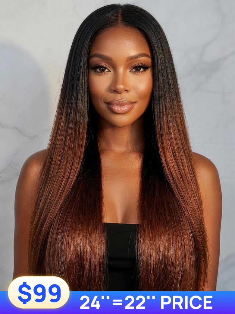 24" & 22" Price $99 | Nadula Flash Sale Lifesaver EasiContou V Part Yaki Straight Reddish Brown Ombre Color Glueless Wigs