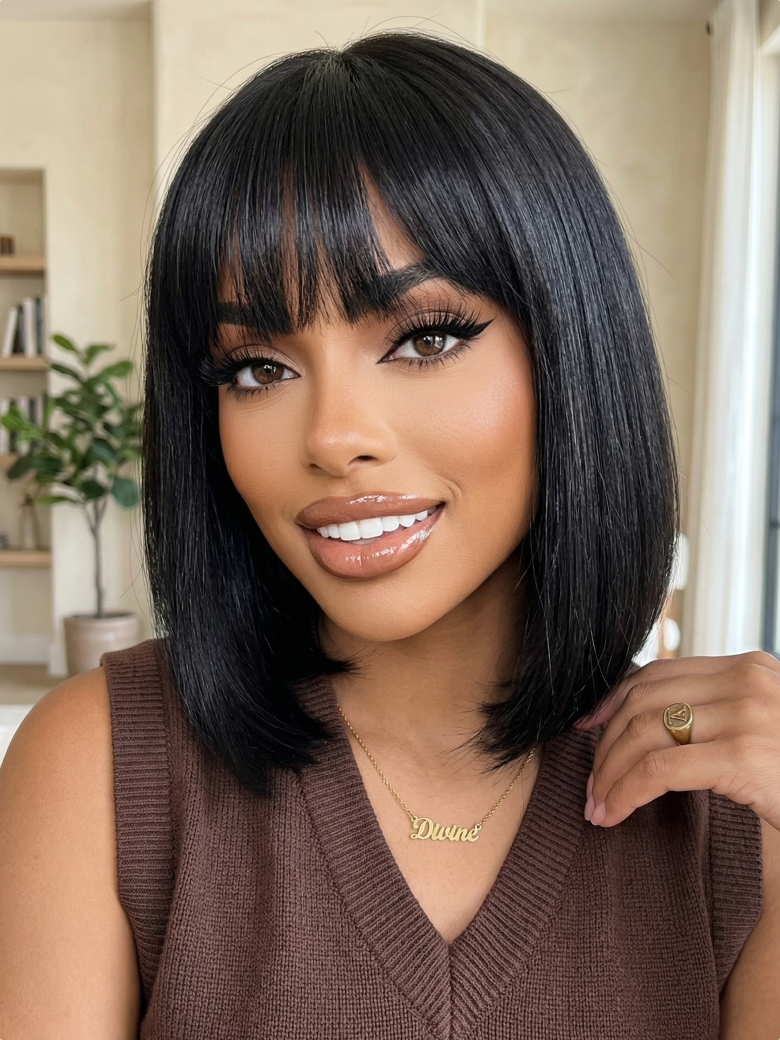Nadula Flash Sale BOB Yaki Straight Wig with Bangs Glueless Human Hair Wigs Classic Cap