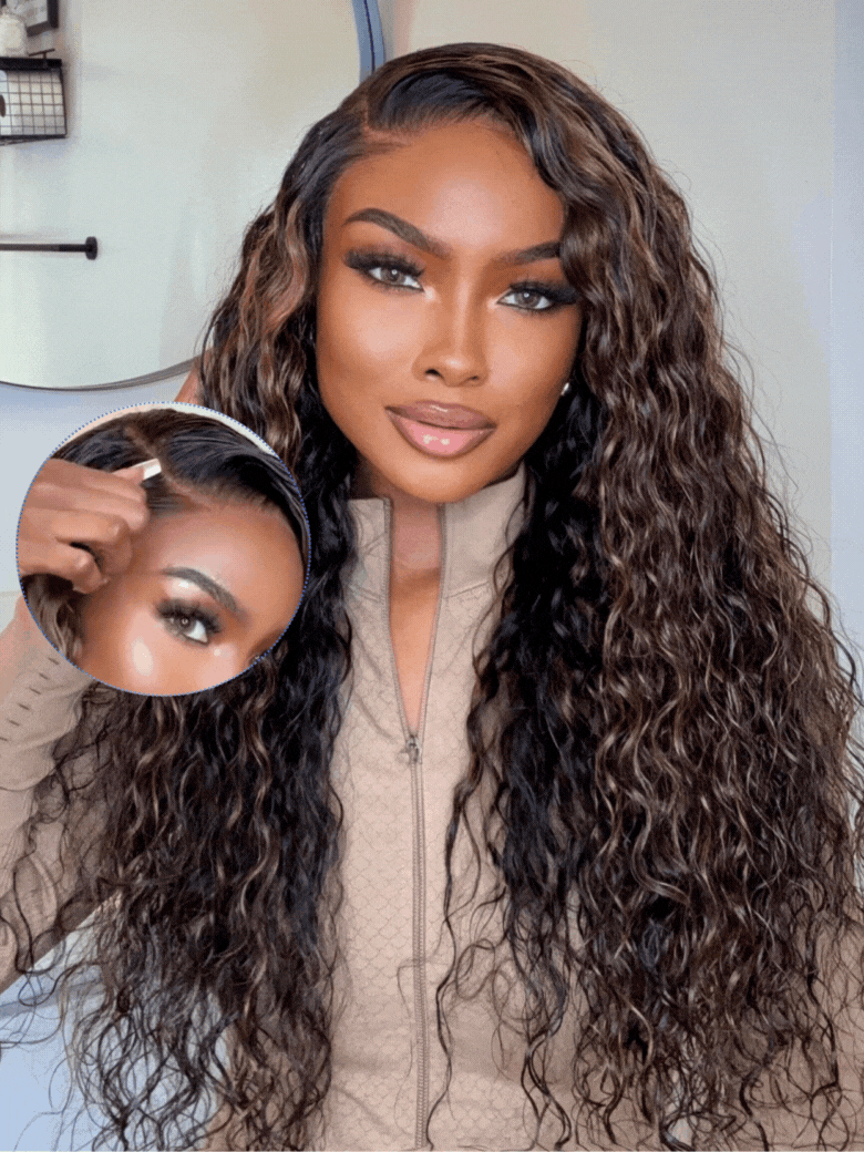 golden brown highlighted water wave wig