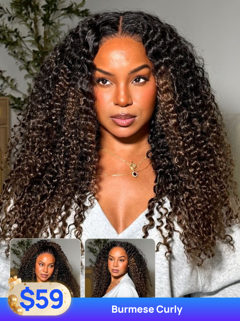 Nadula Flash Sale Burmese Curly with Finger Coil Ends Wig V Part And 7x5 Lace Closure Human Hair Wigs