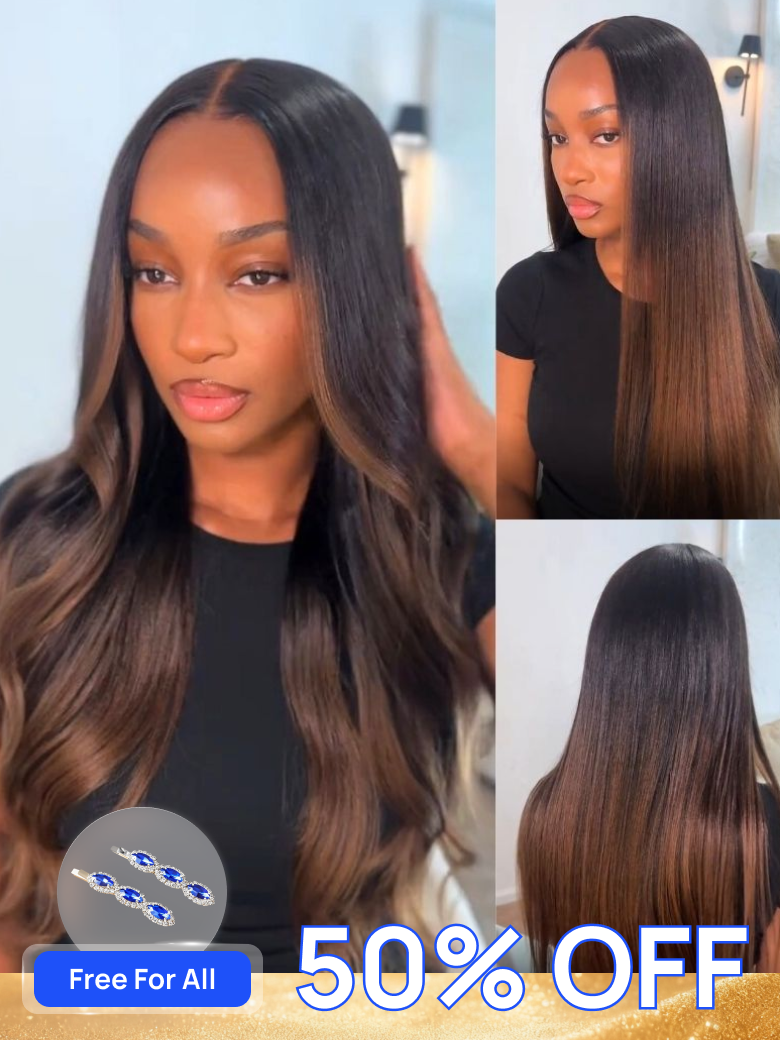 Nadula Flash Sale 7x5 Chestnut Brown Ombre Yaki Straight Put On and Go Wig Bye Bye Knots Glueless Human Hair Wigs