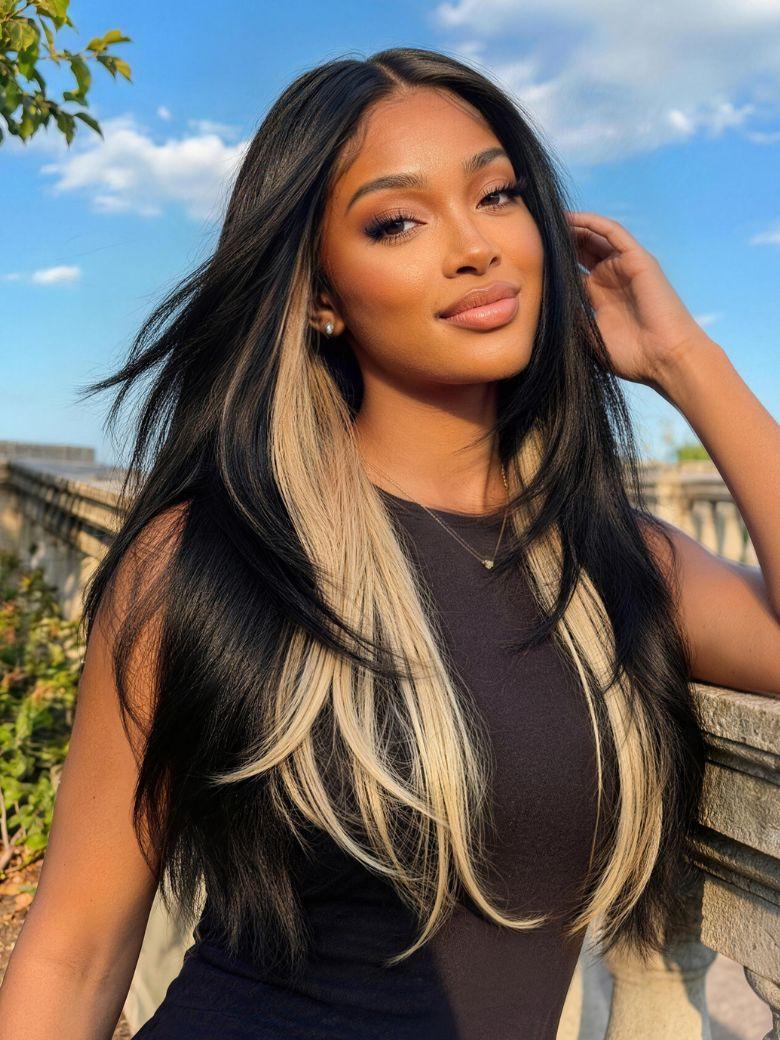 Nadula 7x5 Bye Bye Knots Natural Black with Blonde Peekaboo Highlights Straight Layered Wigs Put On And Go Glueless Wig with Drawstring