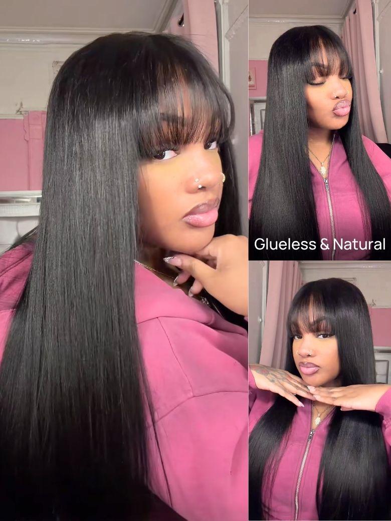 Nadula Yaki Straight Layered Wig with Bangs Glueless Human Hair Wig Put On and Go Beginner Friendly