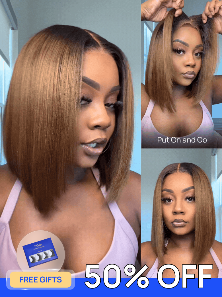 Free Gifts | Nadula 50% OFF Flash Sale 7x5 Chestnut Brown Ombre Yaki Bob Put On and Go Wig Glueless Human Hair Wigs with Invisi Drawstring