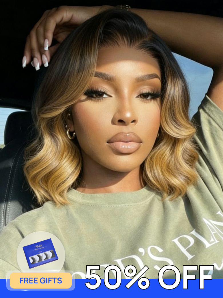 Free Gifts | Nadula 50% OFF Flash Sale13x4 Lace Front 1B/30 Dark Root with Warm Brown Highlights Soft Barrel Curls French Bob Style Put On And Go Wig