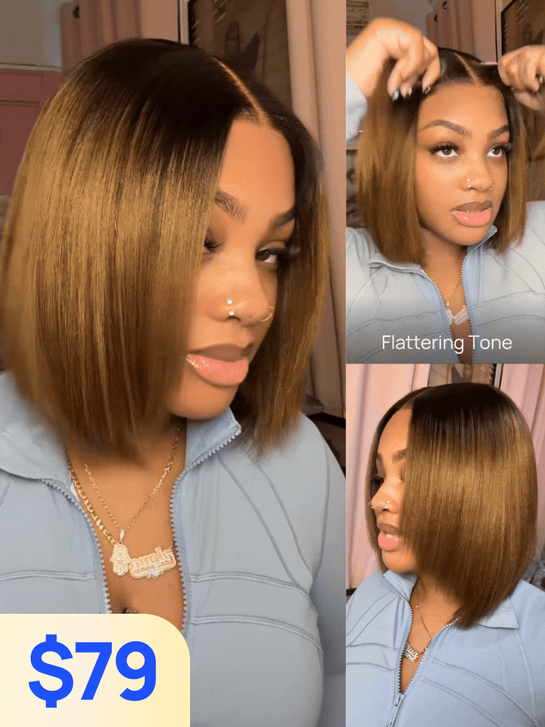 Nadula $79 Flash Sale 7x5 Chestnut Brown Ombre Yaki Bob Put On and Go Wig Glueless Human Hair Wigs with Invisi Drawstring