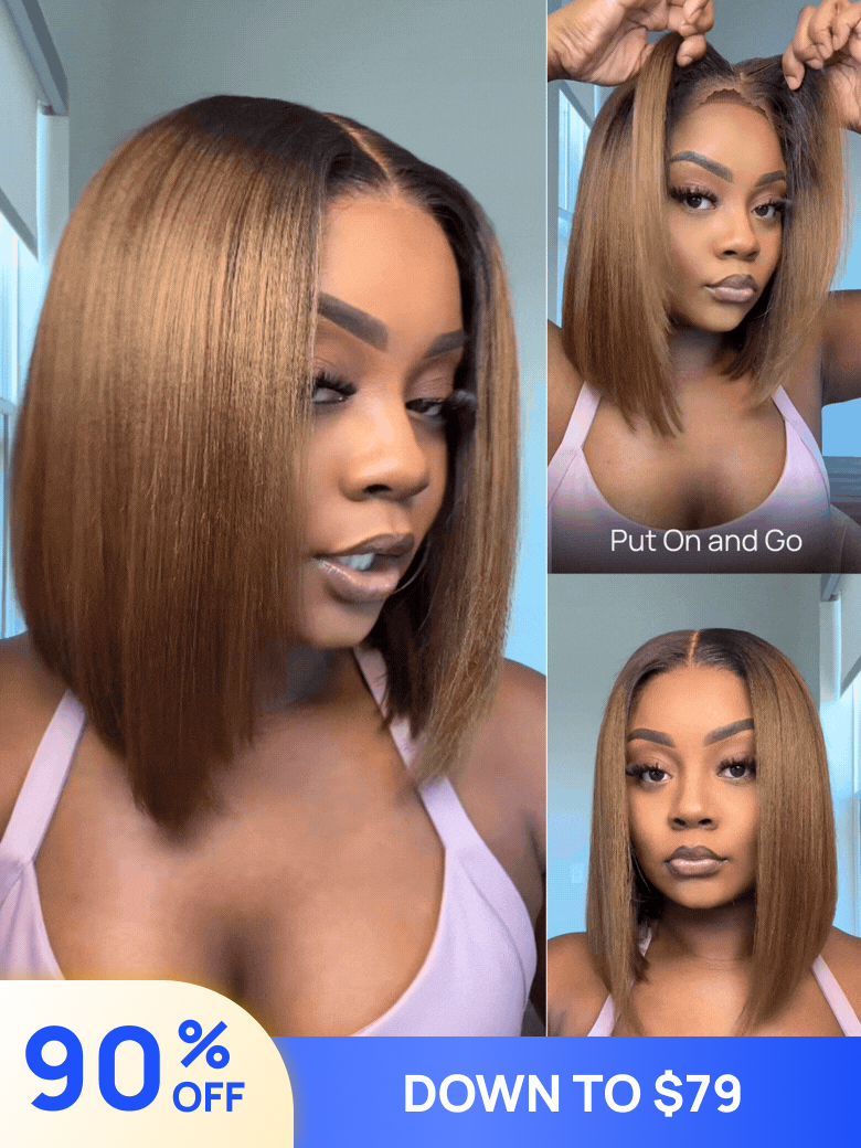 Nadula $79 Flash Sale 7x5 Chestnut Brown Ombre Yaki Bob Put On and Go Wig Glueless Human Hair Wigs