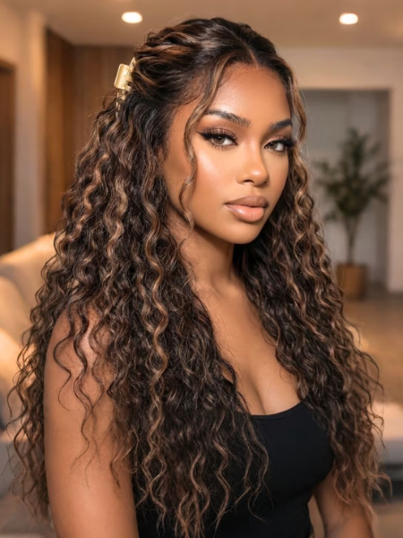 Golden Brown Highlight Water Wave Wig