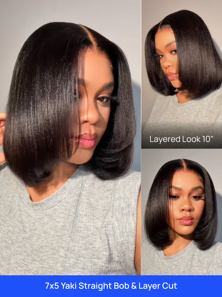 Nadula Flash Sale 7x5 Pre Cut Lace Yaki Straight Bob Wig Put On and Go Wig Put On And Go