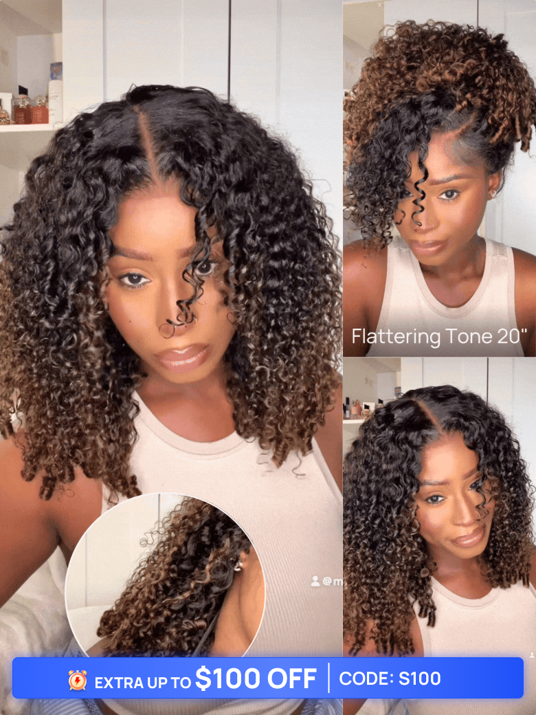 Code: S100 | Nadula 50% Off Flash Sale 7x5 Chestnut Brown Ombre Burmese Curly Glueless Wigs Elastic Drawstring Snug Fit Put On and Go Wig