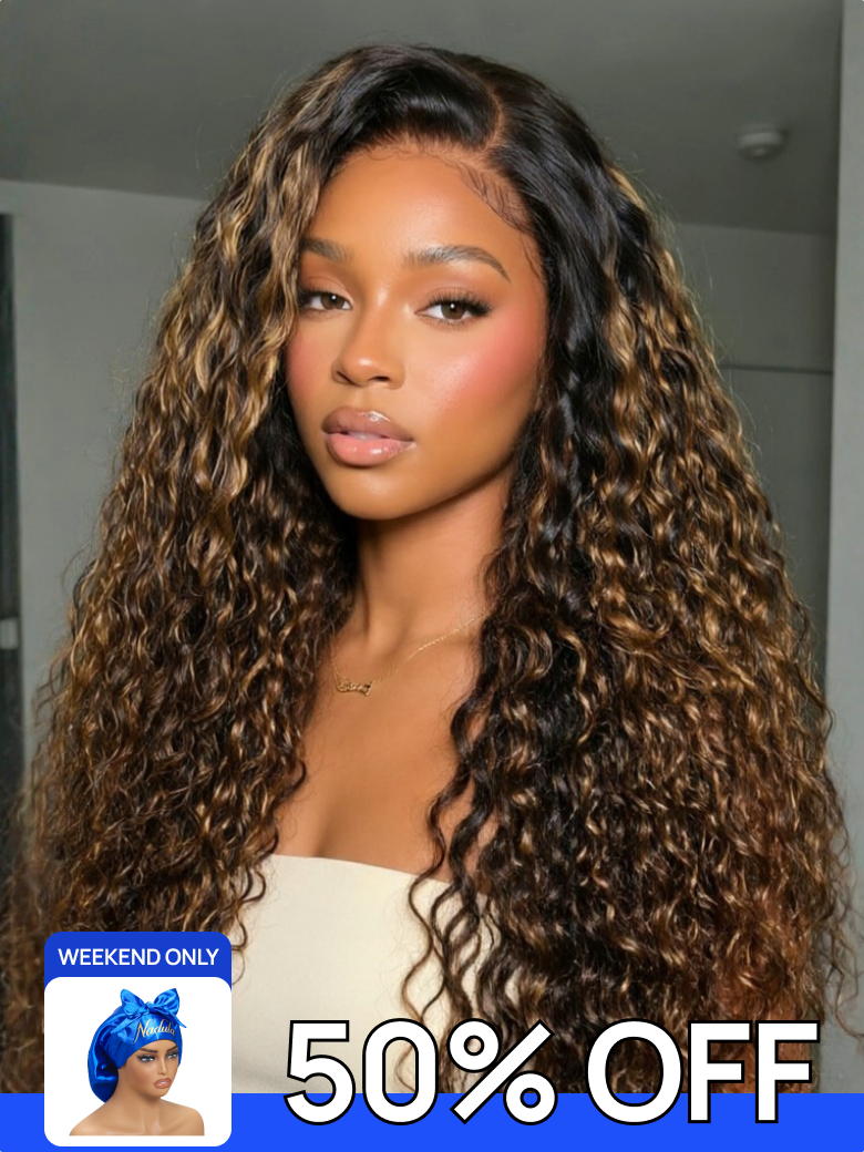 50% OFF +FREE GIFTS | Nadula 7X5 Black Water Wave Wig with Blonde Highlights Sun-Kissed Brown Blonde Mixed Beach Wave Human Hair Wig