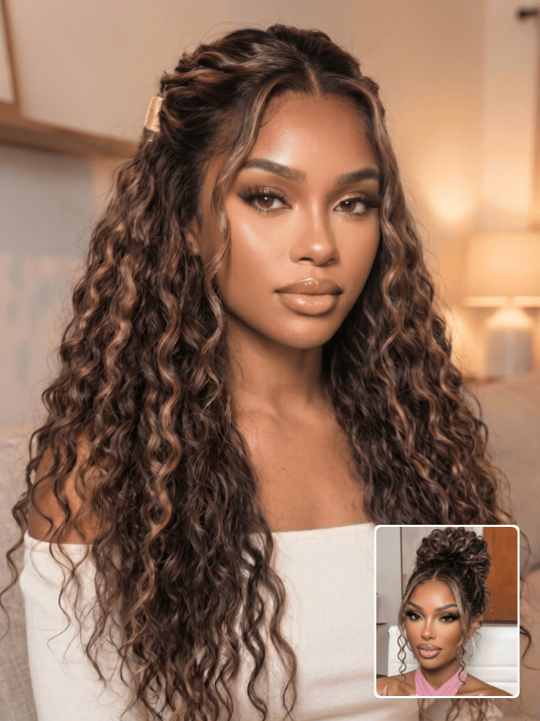 $100 OFF | 13x4 Pre Everything |Nadula Warm Caramel Brown Water Wave Wig with Honey Highlights Sun-Kissed Golden Brown Body Wave Human Hair Wig