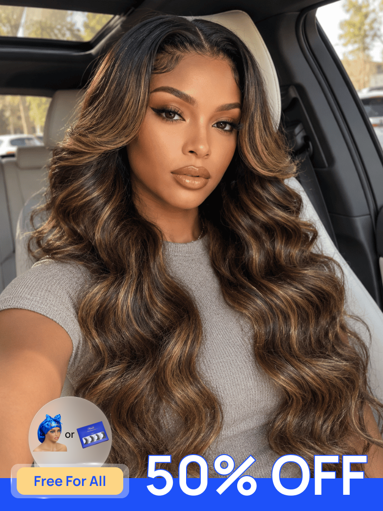 50% OFF | Nadula Flash Sale Highlight Balayage Body Wave Invisible Lace Put On And Go Human Hair Wigs with Drawstring