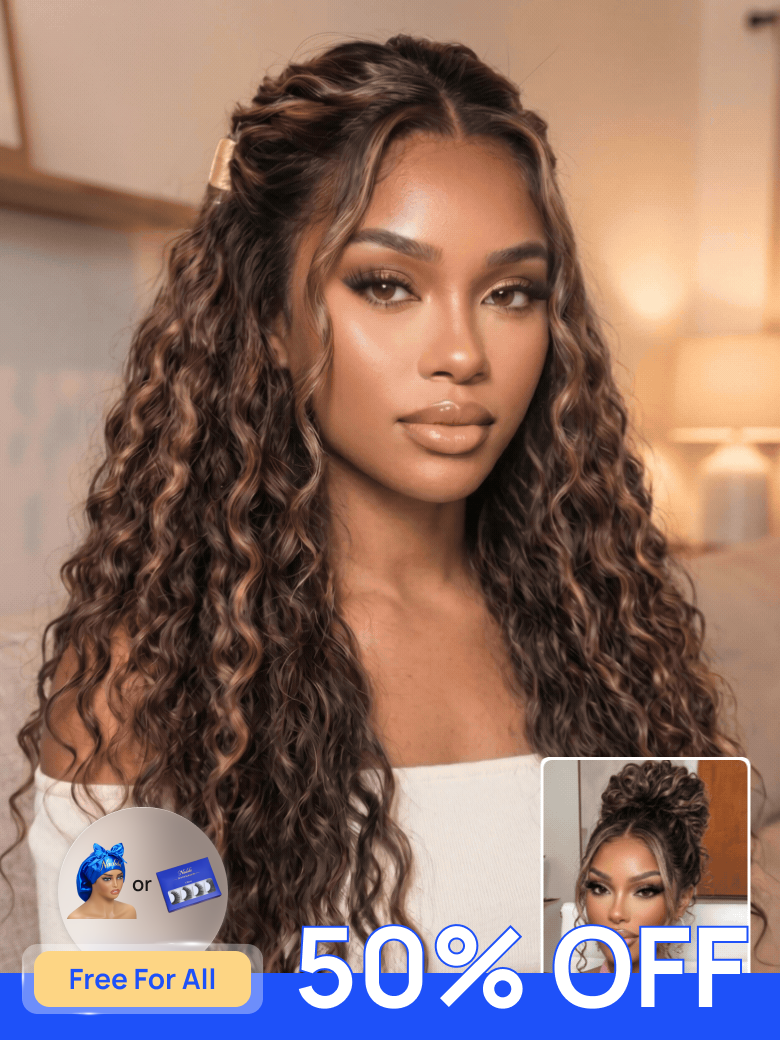 50% OFF| 13x4 Pre Everything |Nadula Warm Caramel Brown Water Wave Wig with Honey Highlights Sun-Kissed Golden Brown Body Wave Human Hair Wig