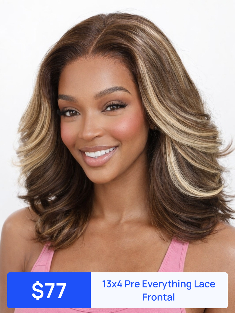 Nadula Flash Sale 13x4 Dark Brown with Honey Blonde Highlights Blow Out Wavy Bob Wig with Layers Put On And Go